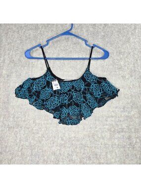 Body Central Womens Lace Crop Top Black & Turquoise Floral Pattern Size M